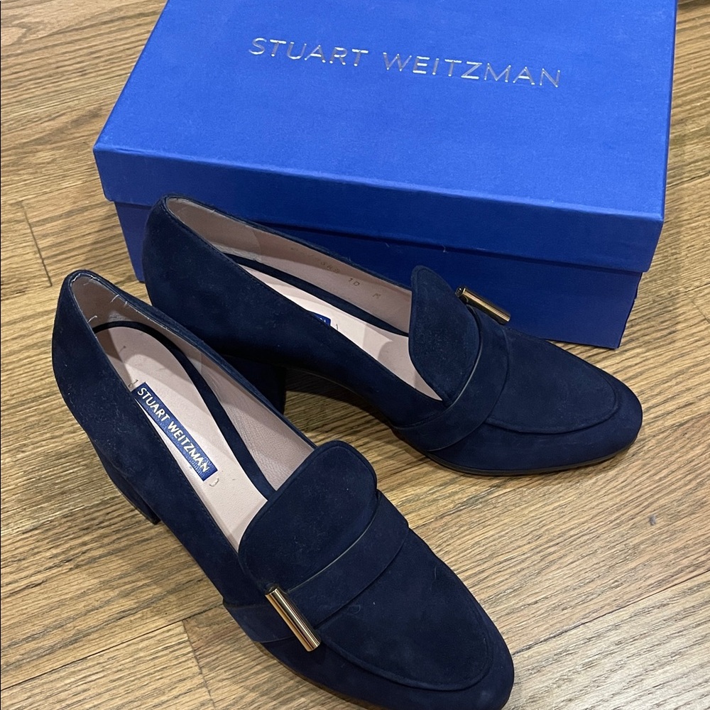Stuart Weitzman Navy Suede Loafers with Gold Detail 10 Preston